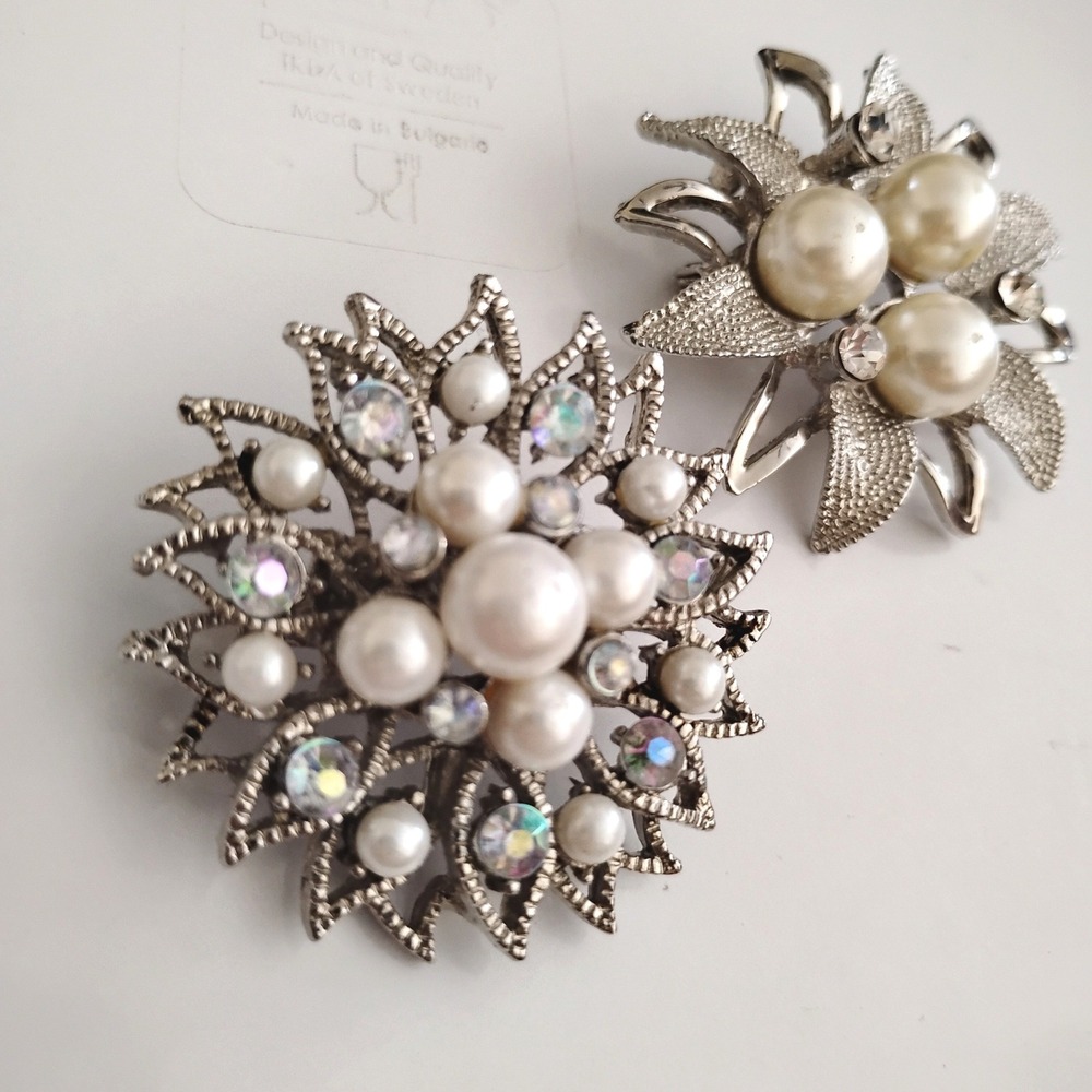 🩶Vintage Pearl & Rhinestone Silver Pin Bundle Retro Coquette Grunge Fairy core